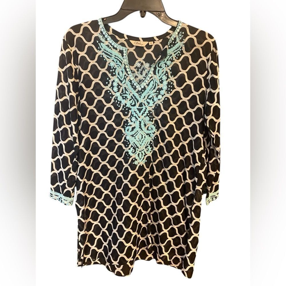 Sulu Sz 6 Black Turquoise Ornate Intricate Embroidered Statement Sleeve Tunic